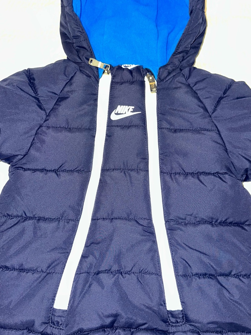Nike Kids Navy Blue Puffer Jacket with Hood and White Trim